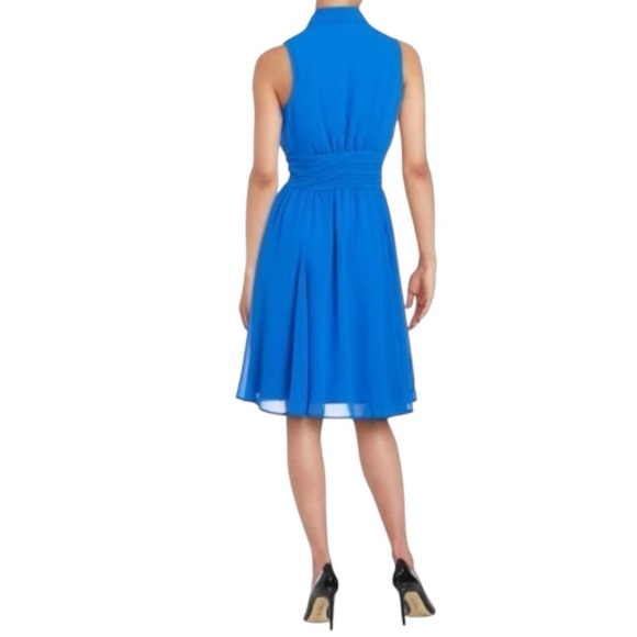 Karl Lagerfeld Cobalt Shirred Chiffon Dress‎ Gold Buttons Size M Sleeveless Midi - Picture 2 of 7